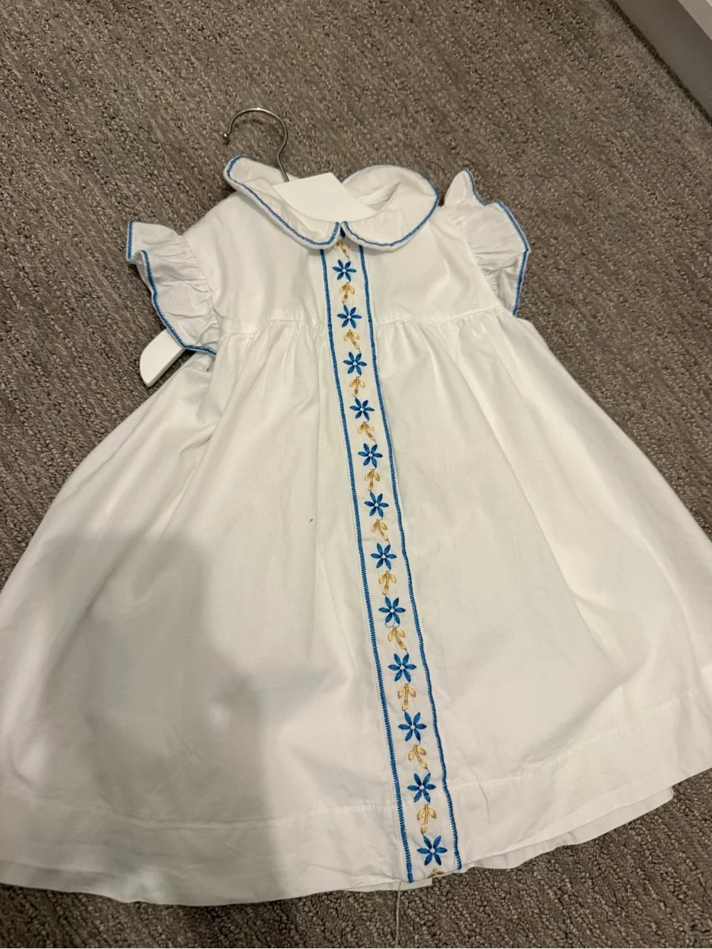 White Embroidered Girls' Party Dress with Blue Trim